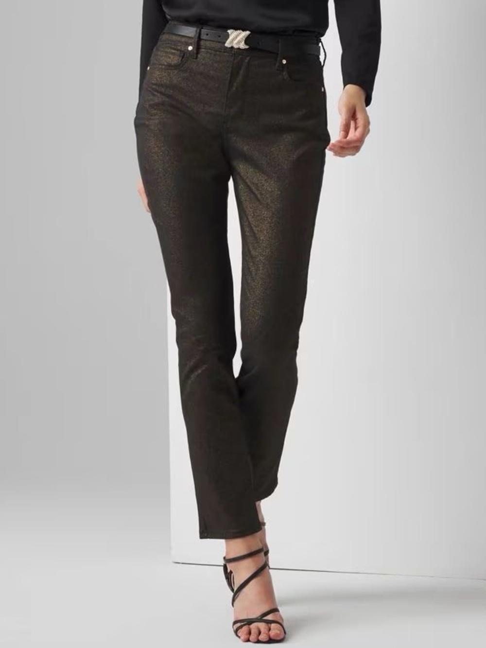 WHBM Gold Metallic Foiled Black Straight-Leg Jeans - Size 6 (NWOT)